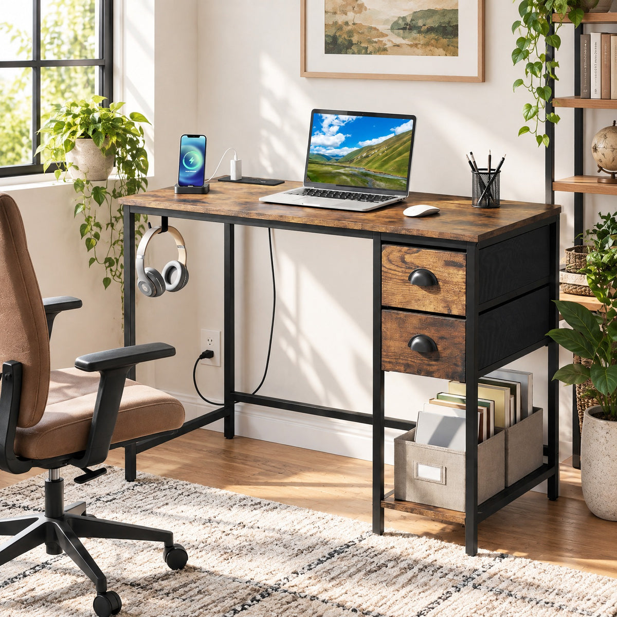 Airfind Computer Desk with Charging Station and 2 Fabric Drawers for Small Spaces, 110 lbs Capacity, Engineered Wood MDF Metal Fabric Frame, Brown