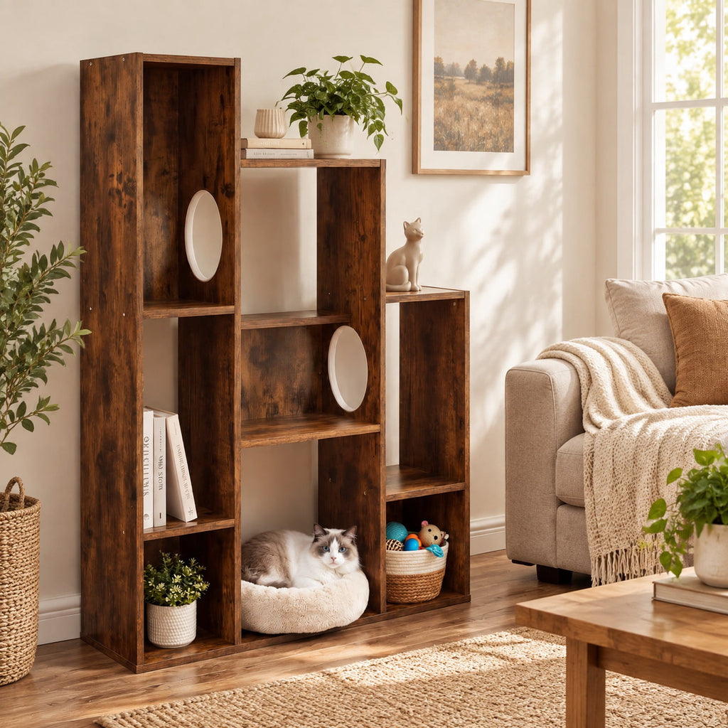 Airfind Modern Cat Bookshelf Cat Tree 8-Section Storage Cabinet with 2 Round Holes, 22 lbs Capacity, Engineered Wood Frame, Brown