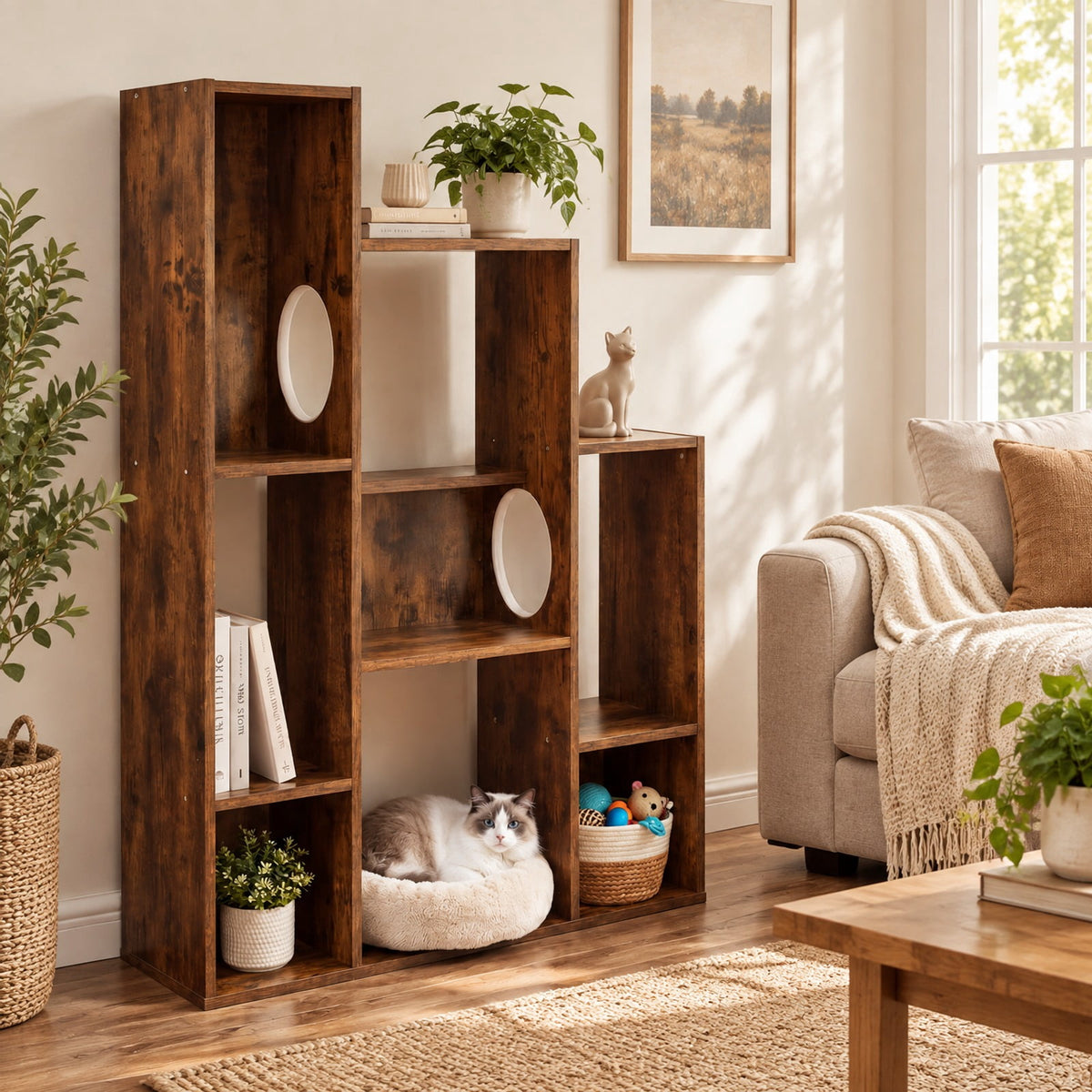 Airfind Modern Cat Bookshelf Cat Tree 8-Section Storage Cabinet with 2 Round Holes, 22 lbs Capacity, Engineered Wood Frame, Brown