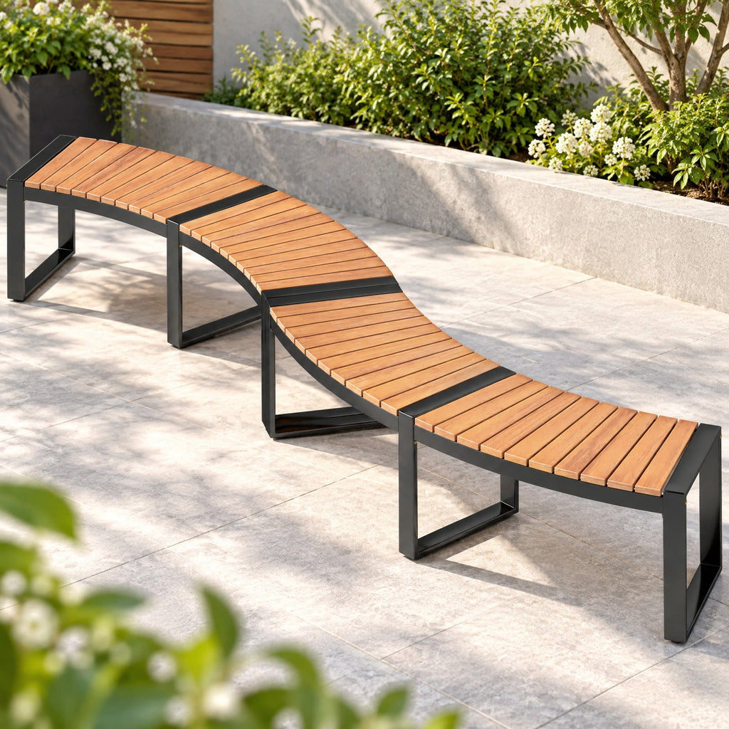 Airfind Patio Curved Bench with Slatted Seat and Metal Legs-1 Piece, 57.5 x 23 x 18Seat Depth 16Weight Footprint