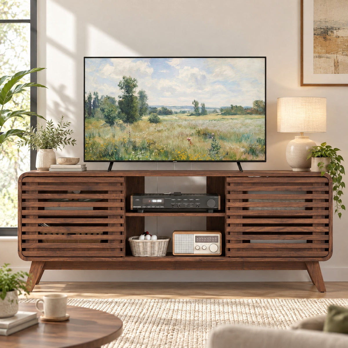 Airfind Mid Century Modern Entertainment Center with Grille-style Sliding Doors for Living Room, 100 lbs Capacity, MDF Engineered Wood Frame, Walnut