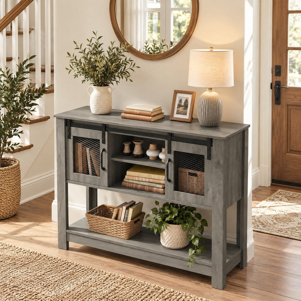Airfind Console Table with Sliding Barn Doors and Storage Cabinets, 150 lbs Capacity, Engineered Wood Metal Frame, 40 x 12.5 x 32 Footprint, Gray