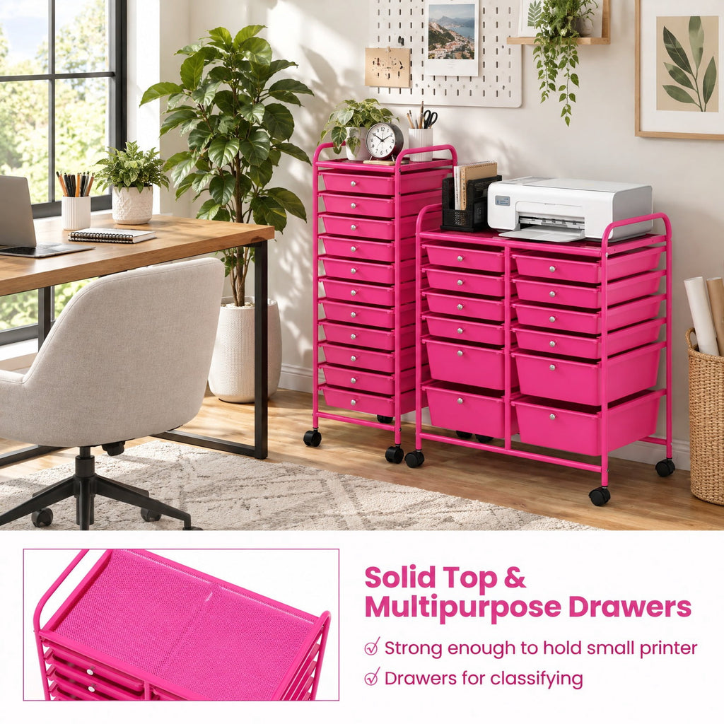 Airfind 12, Drawer Rolling Storage Cart with Removable Drawers and Lockable Wheels, Rose Red, Heavy, duty metal frame ensures excellent stability