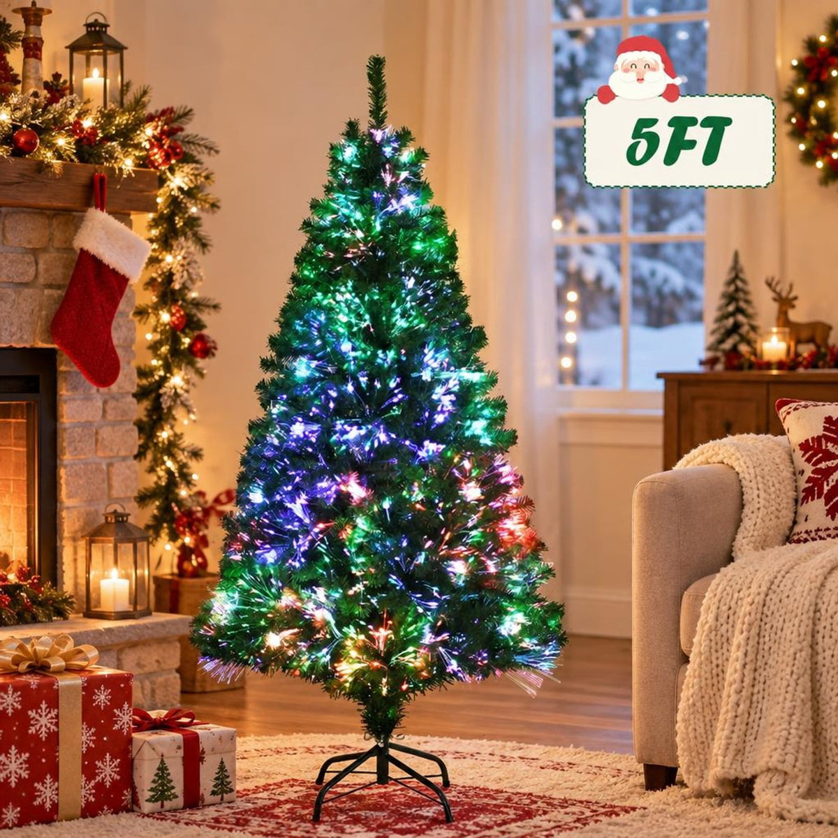 Airfind Pre-lit Multi-Colored Fiber Optic Spruce Artificial Christmas Tree-5 ft, PVC Metal Fiber Optic Height: 5/7 Ft Width: 2.5/3 Ft Frame