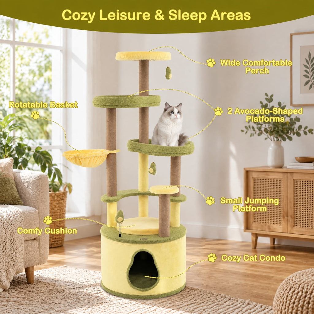 Airfind Large Avocado Cat Tree Multi-level Cat Tower with Private Condo, Green, Detachable soft cushion for added coziness