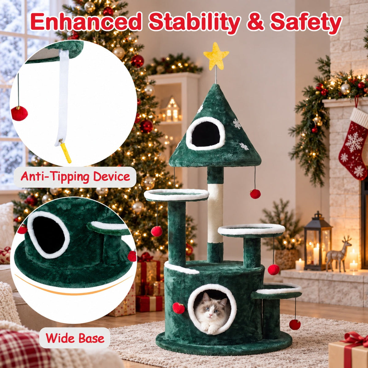 Airfind 50in Christmas Cat Tree with 2 Condos and Sisal Scratching Post, Green, Star-shaped spring toy for extra entertainment