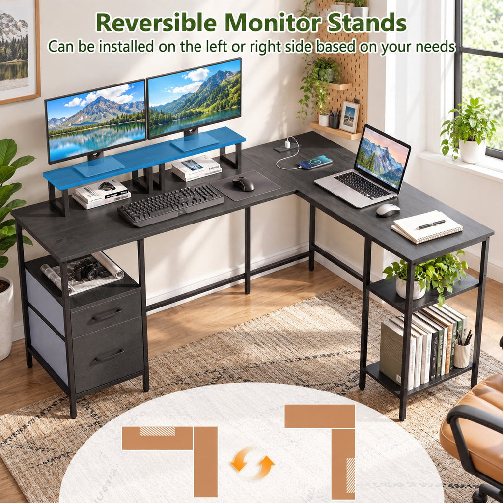 Airfind L Shaped Desk with Power Outlet Reversible Computer Desk with Monitor Stands, 155 lbs Capacity, Engineered Wood Metal Fabric Frame, Black