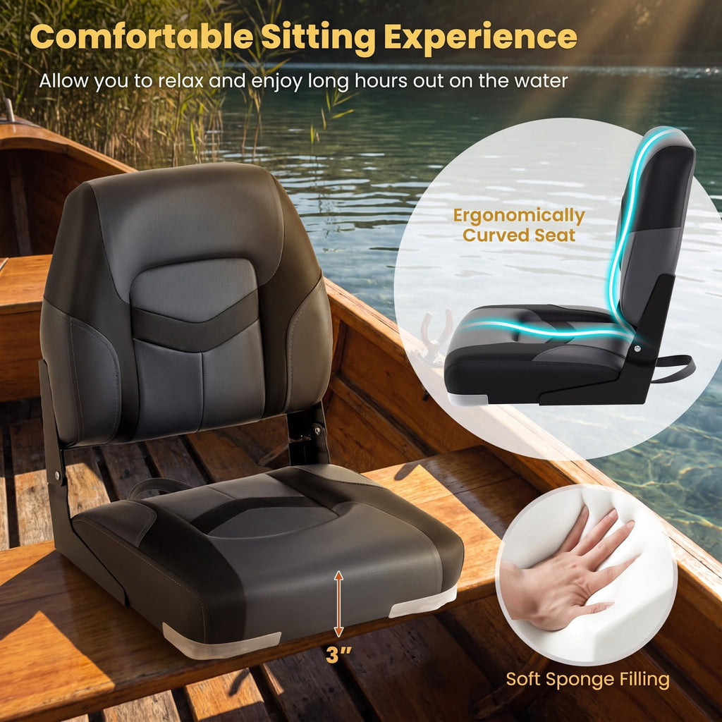 Airfind Folding Low Back Boat Seats 2 Pack with Fixing Bolts and Aluminum Hinges for Fishing and Cabin Seating Boats, Black and Gray