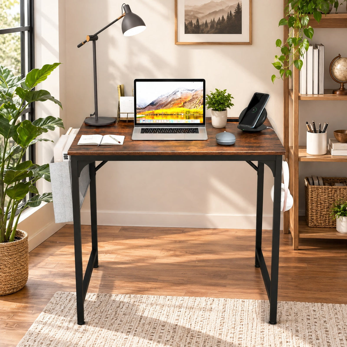 Airfind 32 Inch Home Office Desk with Charging Station Storage Bag and Headphone Hook, 210 lbs Capacity, Engineered Wood MDF Metal Fabric Frame