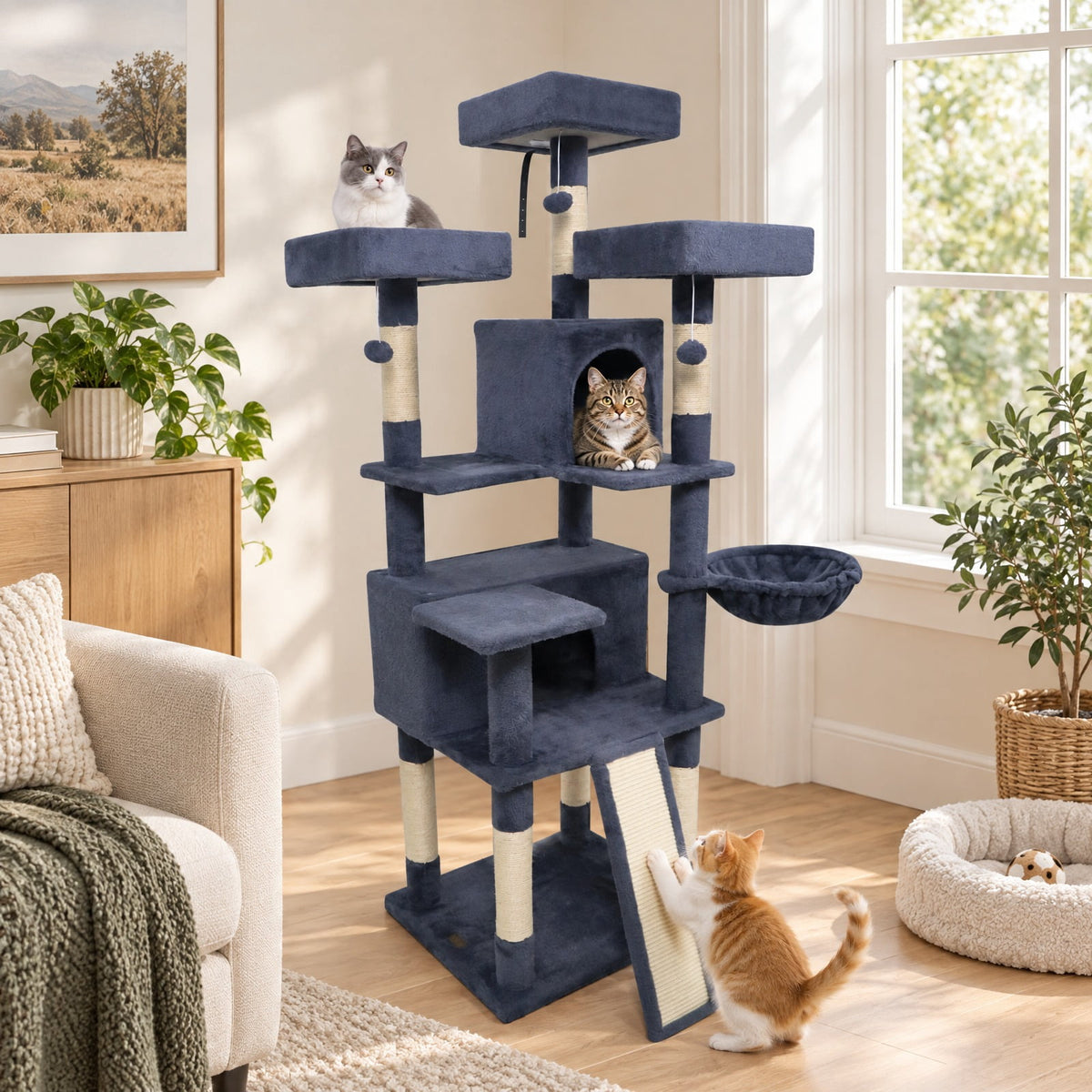 Airfind 65 Inch Tall Multi-level Cat Tree with 3 Upholstered Perch and 2 Cat Condos, Fabric Sisal Engineered Wood Overall Height 65 Inch Base Frame