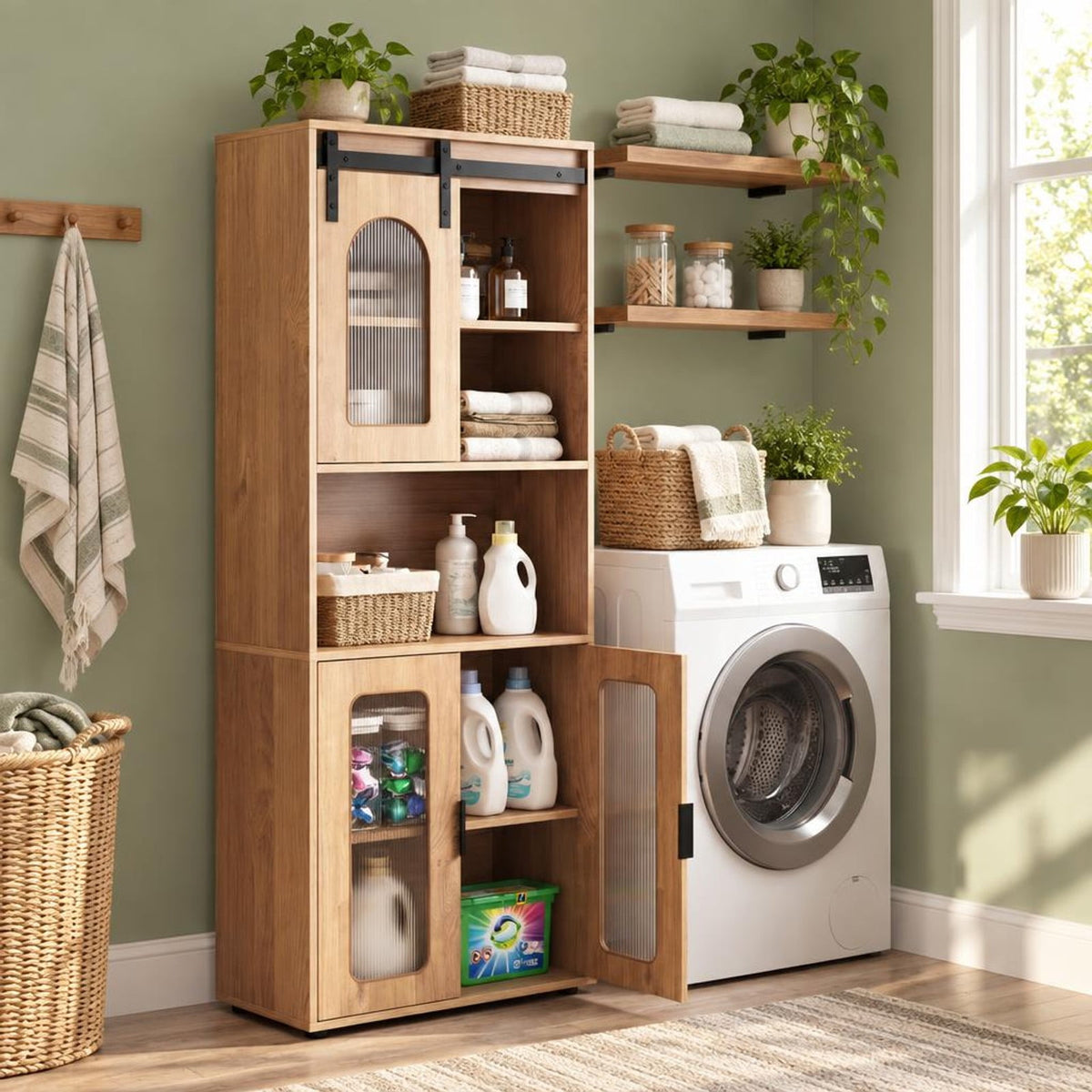 Airfind Farmhouse Bathroom Floor Cabinet with Sliding Barn Door, 44 Lbs Capacity, Engineered Wood, 23.5 Inch X 12 Inch X 59 Inch, Natural
