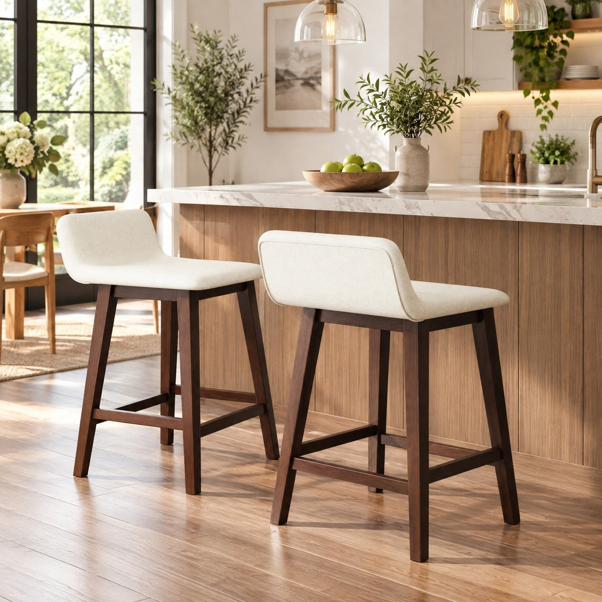 Airfind 24 Inch Counter Height Bar Stools Set of 2 with Low Back, 330 Lbs Capacity, Rubber Wood Faux Linen Sponge Plywood, Brown