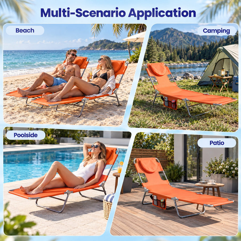 Airfind Folding Beach Lounge Chair with Adjustable Backrest for Lawn, 330 lbs Capacity, Metal Oxford Fabric Polyester Sponge Frame, Orange