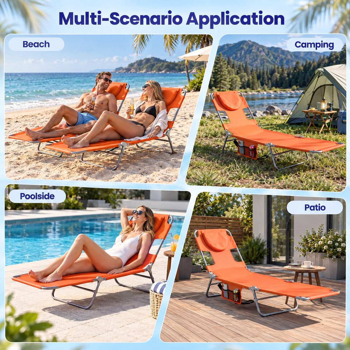 Airfind Folding Beach Lounge Chair with Adjustable Backrest for Lawn, 330 lbs Capacity, Metal Oxford Fabric Polyester Sponge Frame, Orange