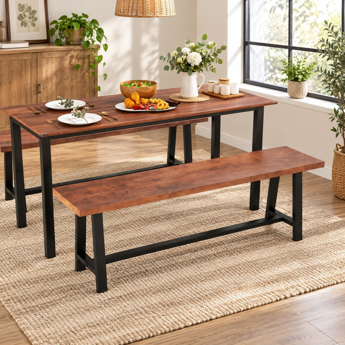 Airfind 60 Inch Dining Bench 3 Person Entryway Shoe Bench with Metal Frame-60 inches, 440 lbs Capacity, MDF Metal Frame, Walnut
