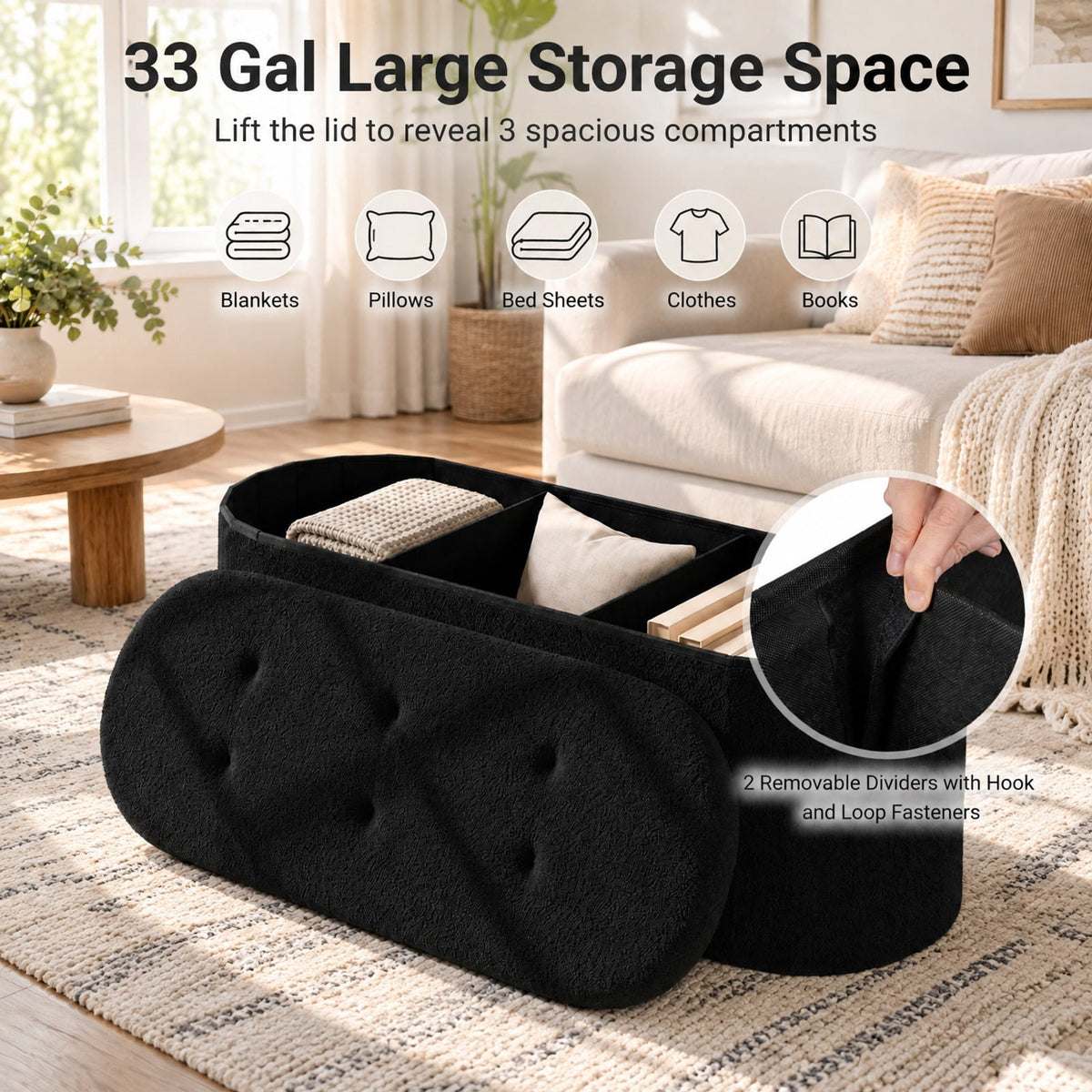 Airfind 43 Folding Teddy Storage Ottoman Bench with Dividers for Living Room and Bedroom, 43 x 15 x 16Inner Footprint, Black