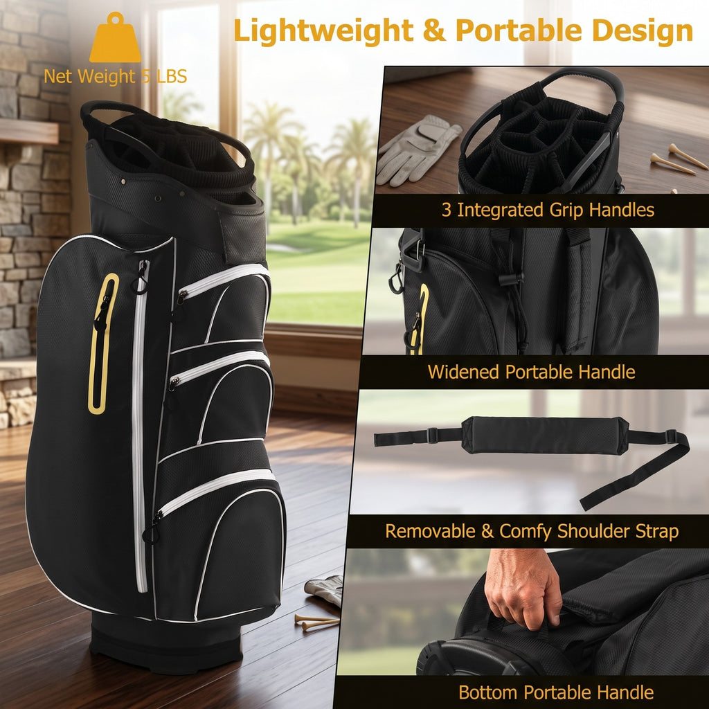 Airfind 9.5 Inch Lightweight Golf Cart Bag with 15 Way Top Dividers, 7 Zipper Pockets, Cooler Bag, Rain Hood, Shoulder Strap for Men Women, Black