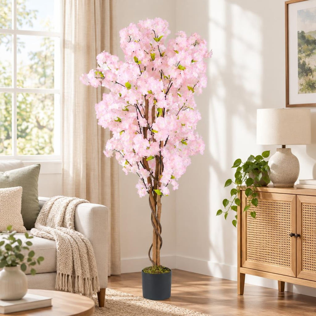 Airfind Artificial Cherry Blossom Tree, 5 FT Tall, with Flowers-1 Pack, Polyester Fabric PP PE Solid Wood Tree Height 59 Inch Pot Frame, Pink