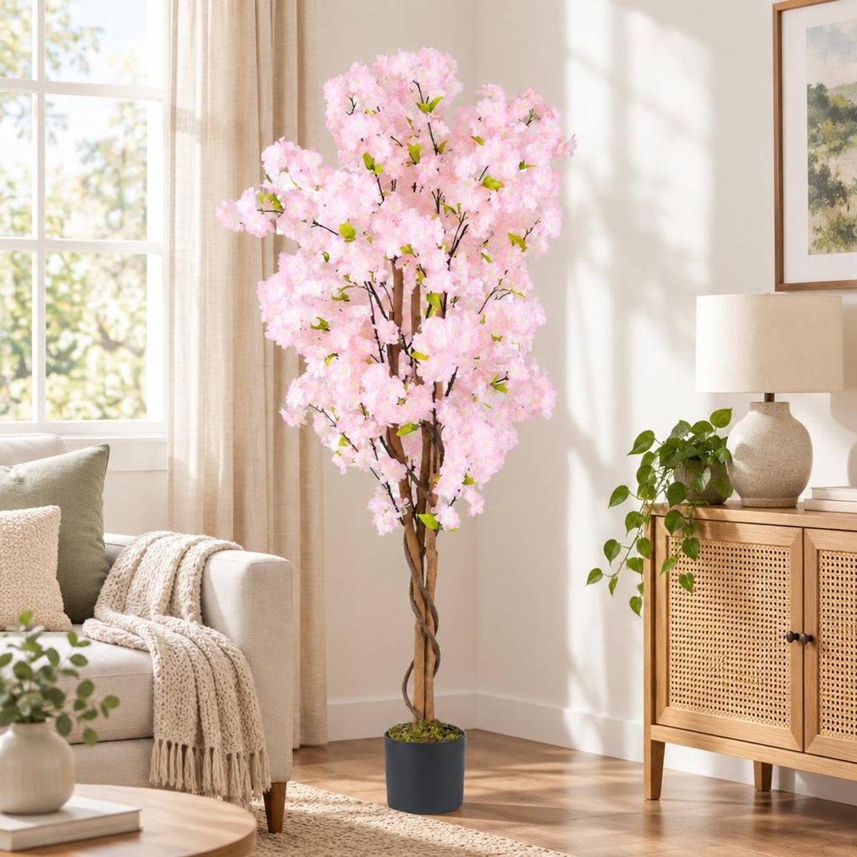 Airfind Artificial Cherry Blossom Tree, 5 FT Tall, with Flowers-1 Pack, Polyester Fabric PP PE Solid Wood Tree Height 59 Inch Pot Frame, Pink