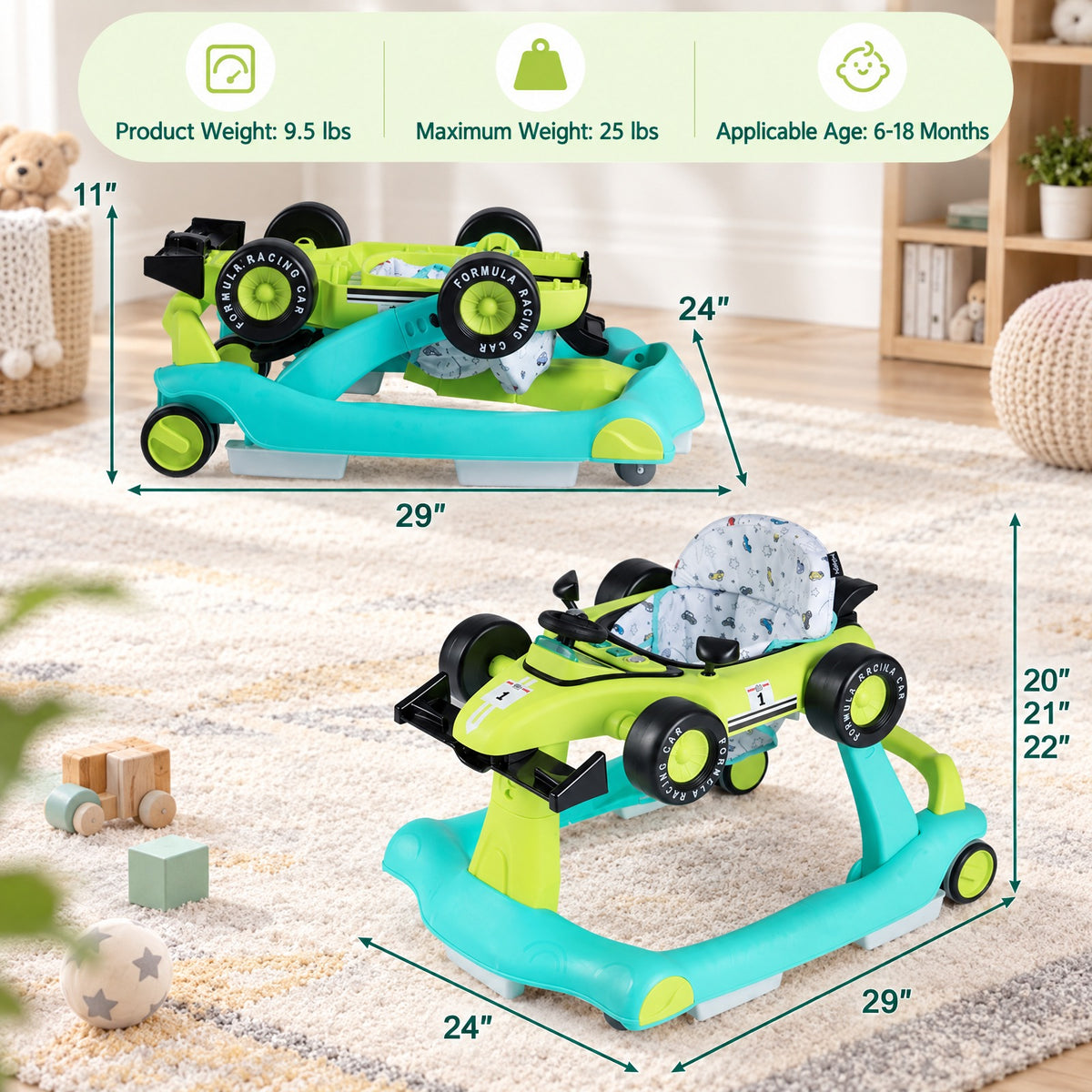 AIRFIND Baby Walker with 4 Activity Modes, 3 Adjustable Heights, Music and Lights, Rear Wheel Speed Control and Folding Frame, Green