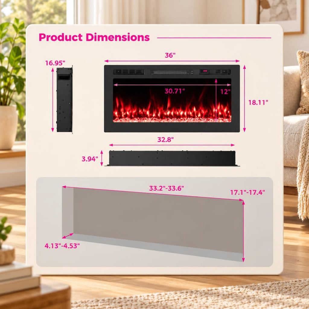Airfind Smart WiFi Electric Fireplace Wall Mounted and Recessed 750W/1500W Heater-36 Inch, Black, Power Cord 5 ft Net Weight-36in 29.5 lbs