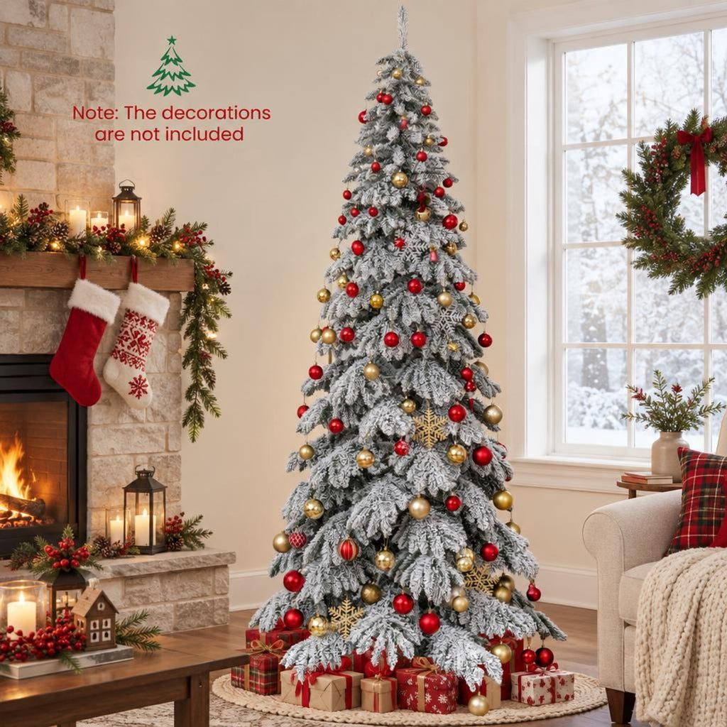 Airfind 9 Feet Pre-Lit Artificial Xmas Tree Hinged Xmas Tree with Quick Power Connectors, PVC Metal Frame, 4.4 x 9 ft Footprint, White