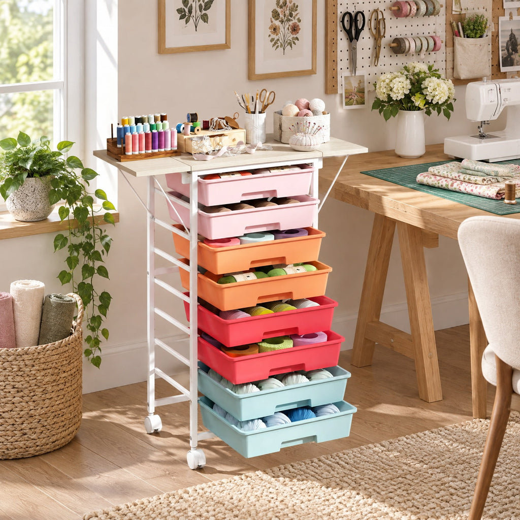Airfind 8-Drawer Rolling Cart with Wooden Tabletop and Folding Side Panels for Living Room, 33 lbs Capacity, Metal PP Engineered Wood Frame