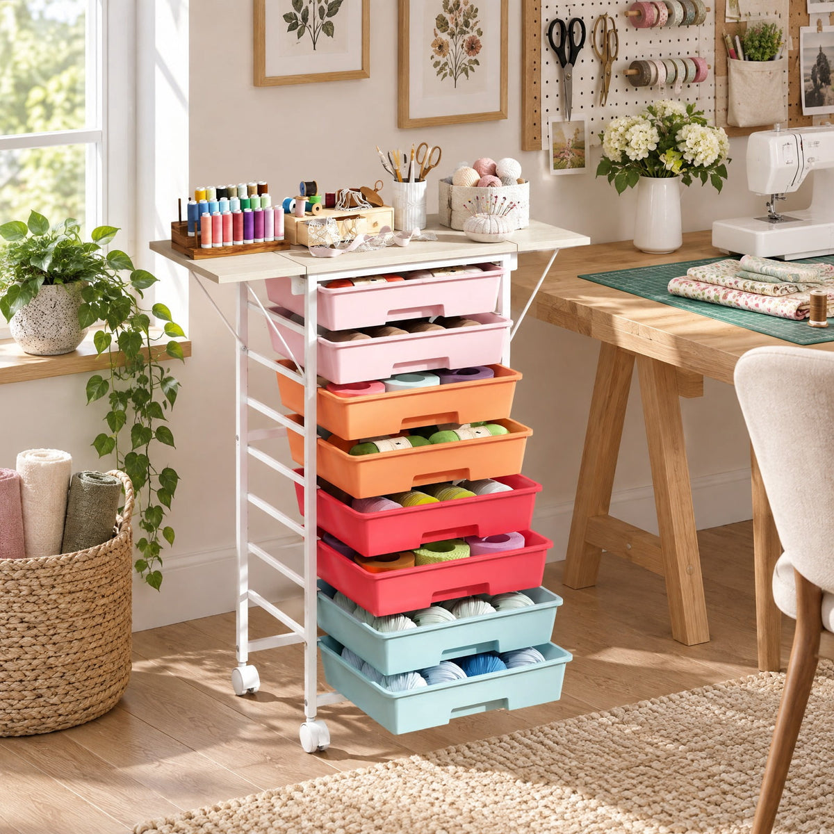 Airfind 8-Drawer Rolling Cart with Wooden Tabletop and Folding Side Panels for Living Room, 33 lbs Capacity, Metal PP Engineered Wood Frame