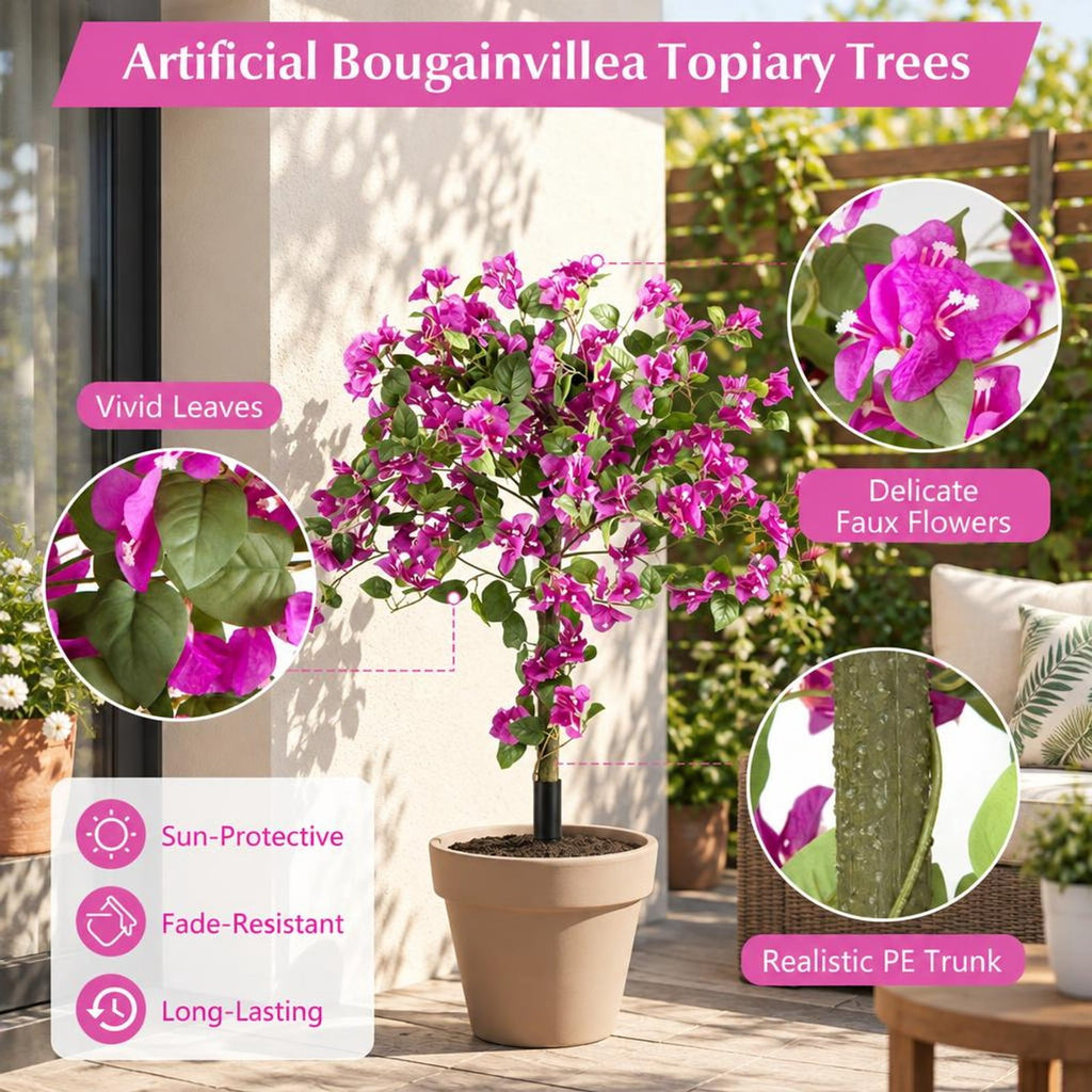 Airfind 2 Pack Artificial Bougainvillea Trees with Ground Spike and PE Trunks for Porch, Pink + Green