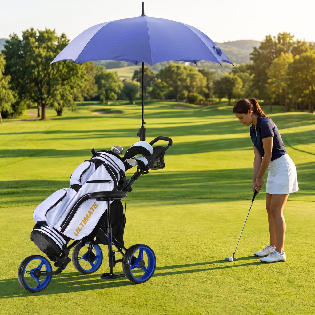Airfind 3 Wheel Folding Golf Push Cart with Cushioned Seat and Scoreboard and Adjustable Handle and Quick Brake for the Course, Blue