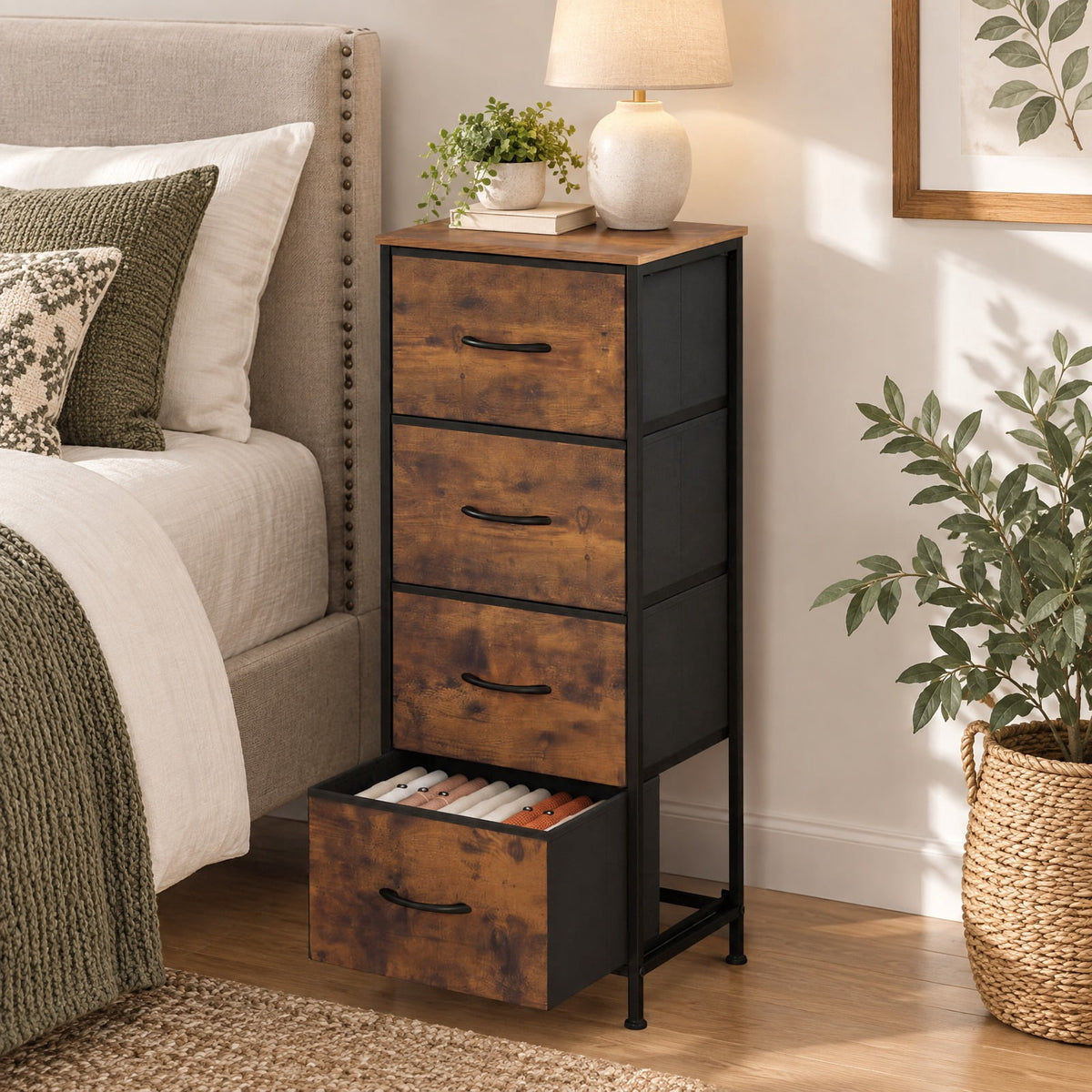 Airfind Dresser Nightstand with 4 Roomy Fabric Drawers and Metal Frame, 130 lbs Capacity, Metal Engineered Wood Non-Woven Fabric Frame, Brown