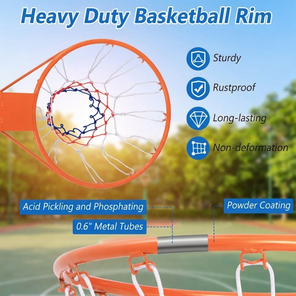 Airfind 15 Inch Replacement Basketball Rim with All-Weather Net and Heavy-Duty Powder-Coated Steel Frame for Youth Backboard Hoop Repair and Basketball Goal Restoration, Orange