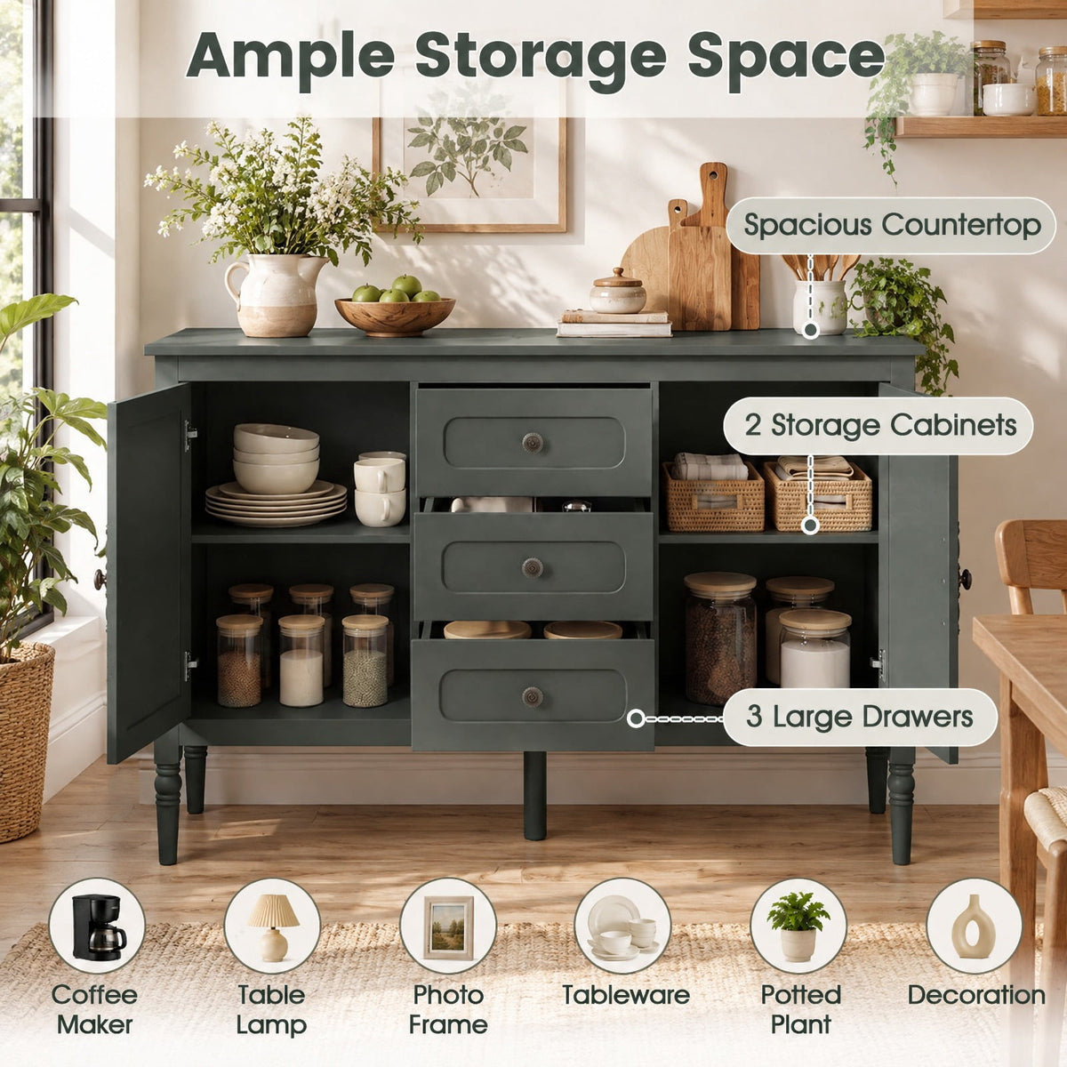 Airfind 47 Inch Vintage Buffet Cabinet with 3 Drawers 2 Cabinets and Adjustable Shelves for Dining Room, 110 Lbs Capacity, 47 Inch X 15.5 Inch X 31.5 Inch, Green