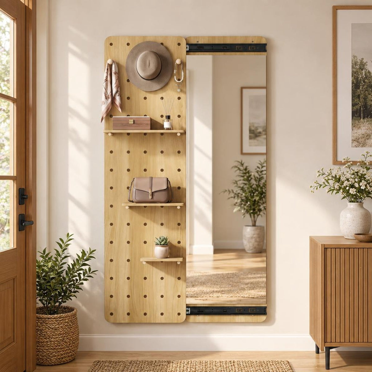 Airfind Solid Wood Full Length Mirror with Pegboard Shelves and Hooks for Entryway, Solid Wood Glass Frame, 16 x 5.5 x 55 Footprint, Natural