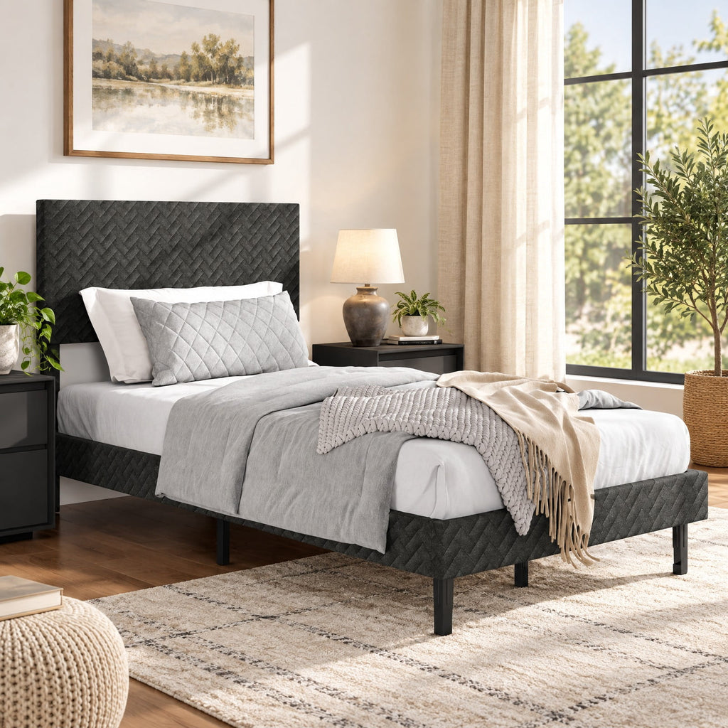 Airfind Twin/Full/Queen Size Velvet Bed Frame Upholstered Platform Bed with Chevron Headboard Gray, 500 lbs Capacity, Velvet Frame, Gray