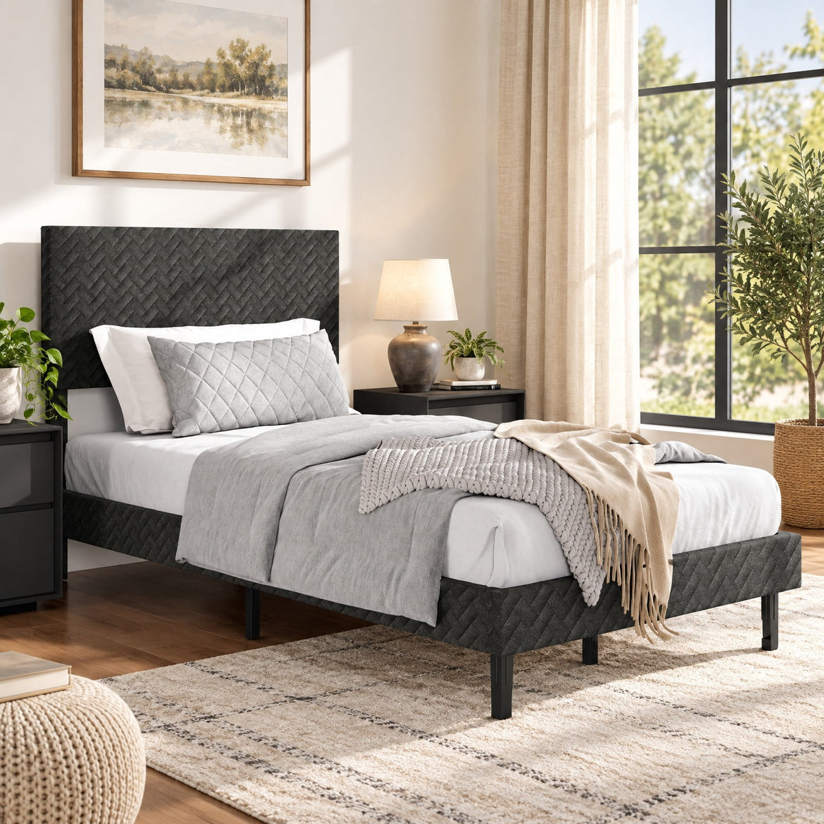 Airfind Twin/Full/Queen Size Velvet Bed Frame Upholstered Platform Bed with Chevron Headboard Gray, 500 lbs Capacity, Velvet Frame, Gray