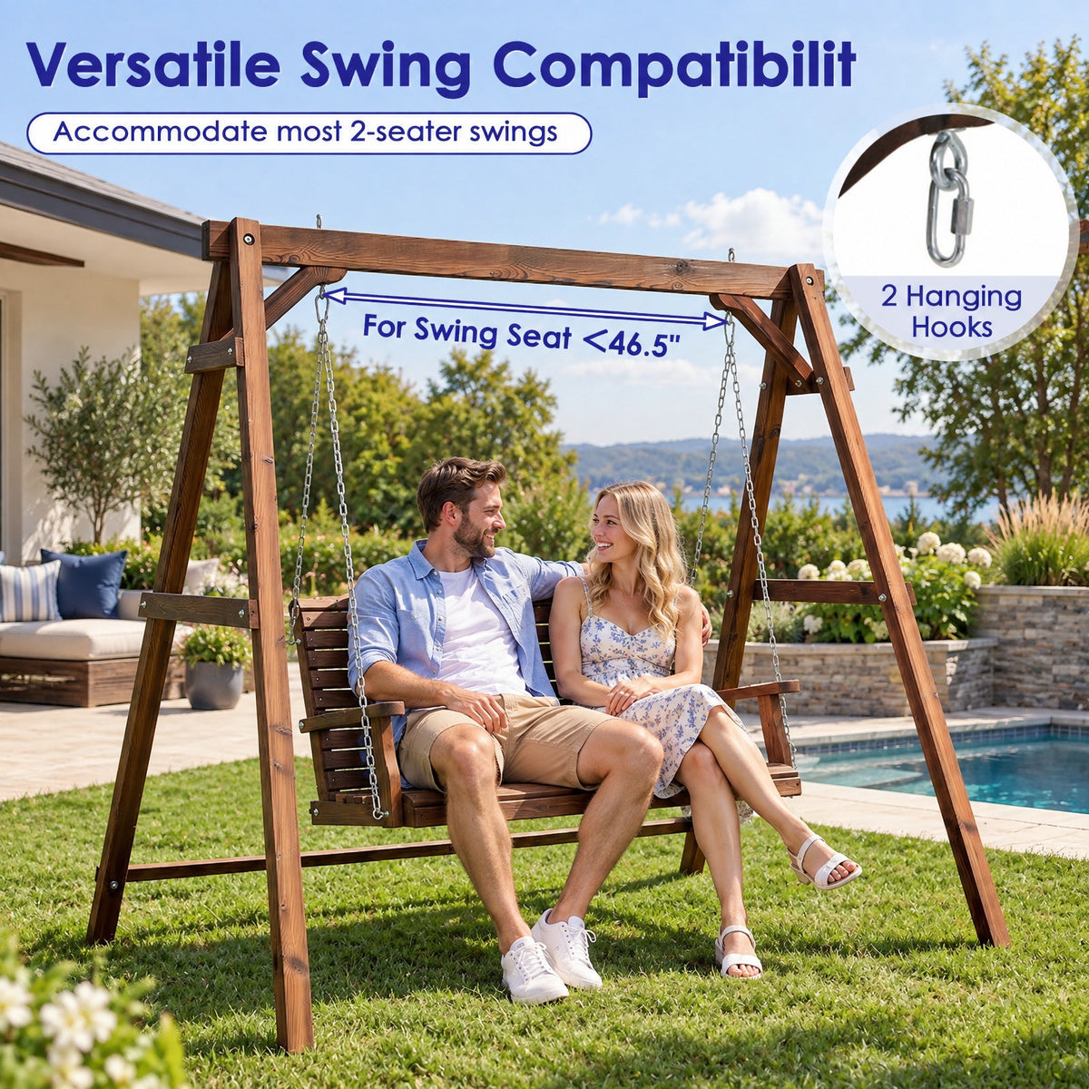 Airfind Heavy-Duty Carbonized Fir Wood Swing Frame with Reinforced Bars and 2 Hanging Rings, 880 lbs Capacity, Fir Wood Metal Frame, Brown