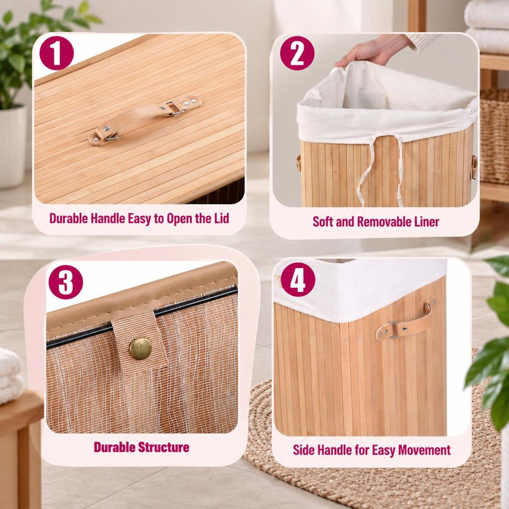 Airfind Rectangle Bamboo Hamper Laundry Basket Washing Cloth Bin Storage Bag Lid 3 color, Bamboo and polyester cotton Frame, Natural