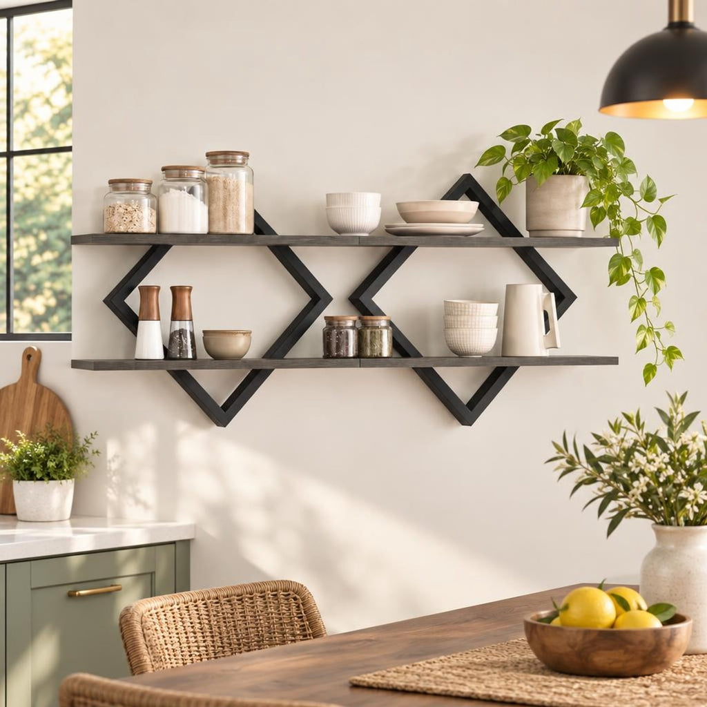Airfind Set of 2 Metal Floating Shelves for Wall featuring Geometric Frame, Engineered Wood Metal Frame, 15 Inch x 6.5 Inch x 14 Inch Footprint, Gray