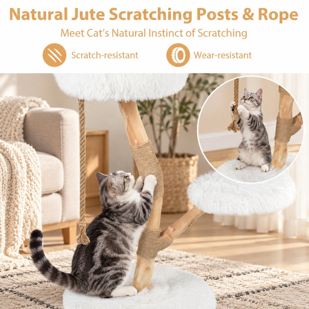 Airfind Modern Wooden Cat Tree Tower with Perch and Natural Jute Scratching Posts, 66 Lbs Capacity, Pear Wood Jute Long Plush Fabric, White