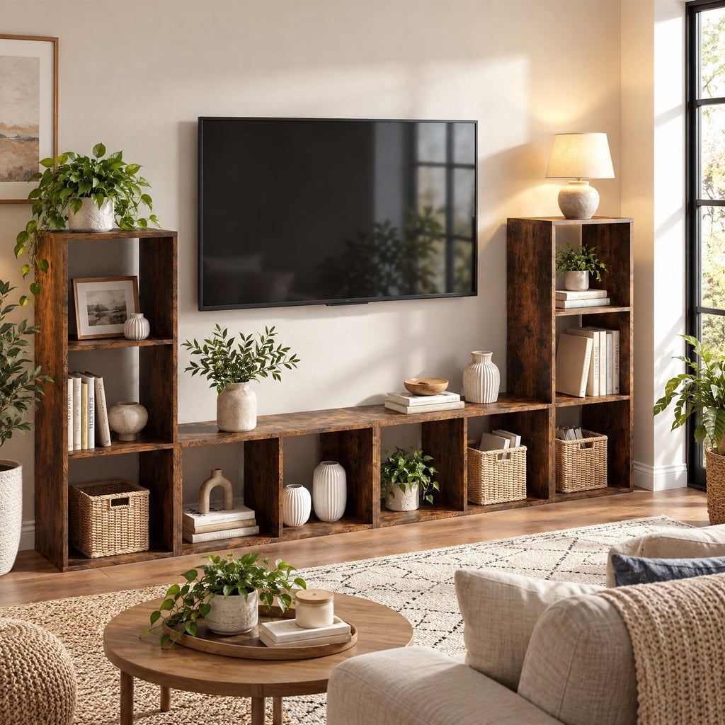 Airfind 3 Cube Bookshelf with Back Guardrail for Living Room Bedroom, Engineered Wood Frame, 14 Inch x 13 Inch x 41 Inch Depth of Bottom Shelf 12 Inch Footprint
