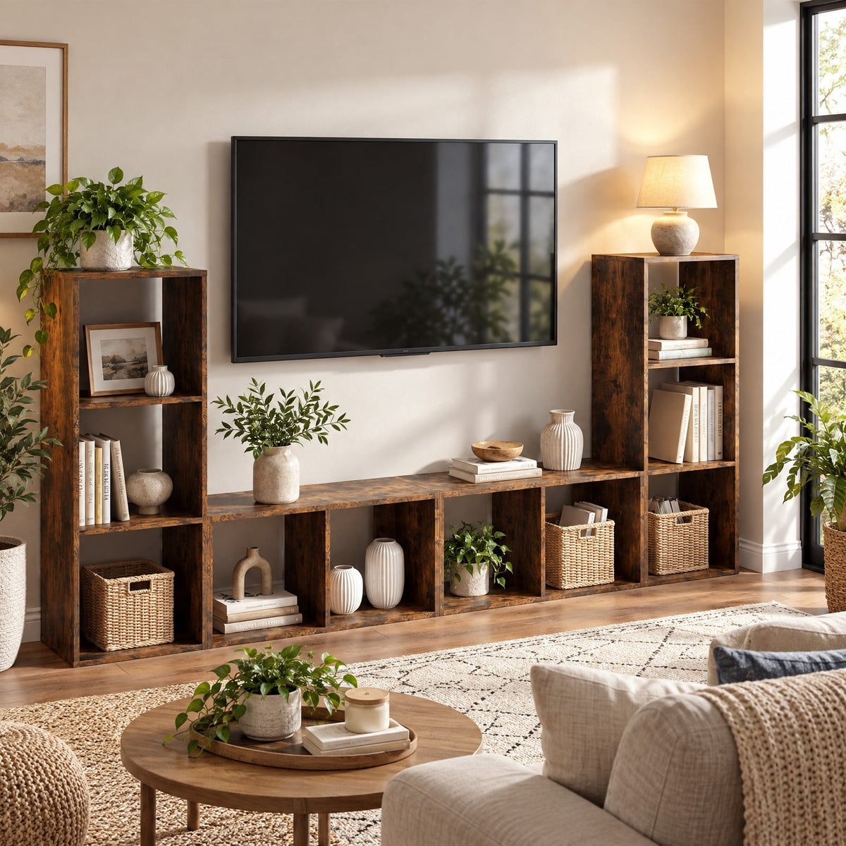 Airfind 3 Cube Bookshelf with Back Guardrail for Living Room Bedroom, Engineered Wood Frame, 14 Inch x 13 Inch x 41 Inch Depth of Bottom Shelf 12 Inch Footprint