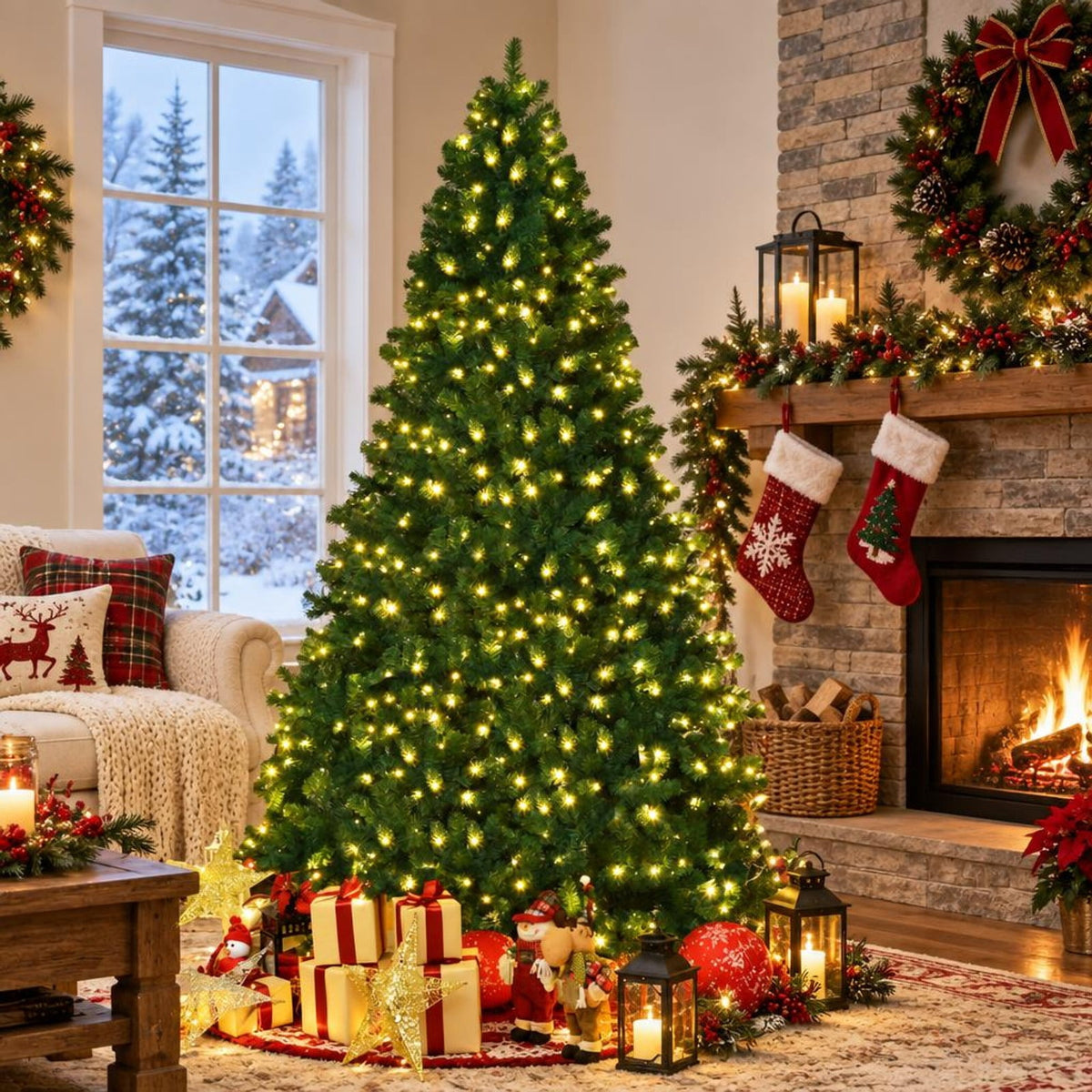 Airfind 8 Feet PVC Artificial Christmas Tree with LED Lights-8 ft, PVC iron Frame, 4.3 x 7.5 H Footprint, Green
