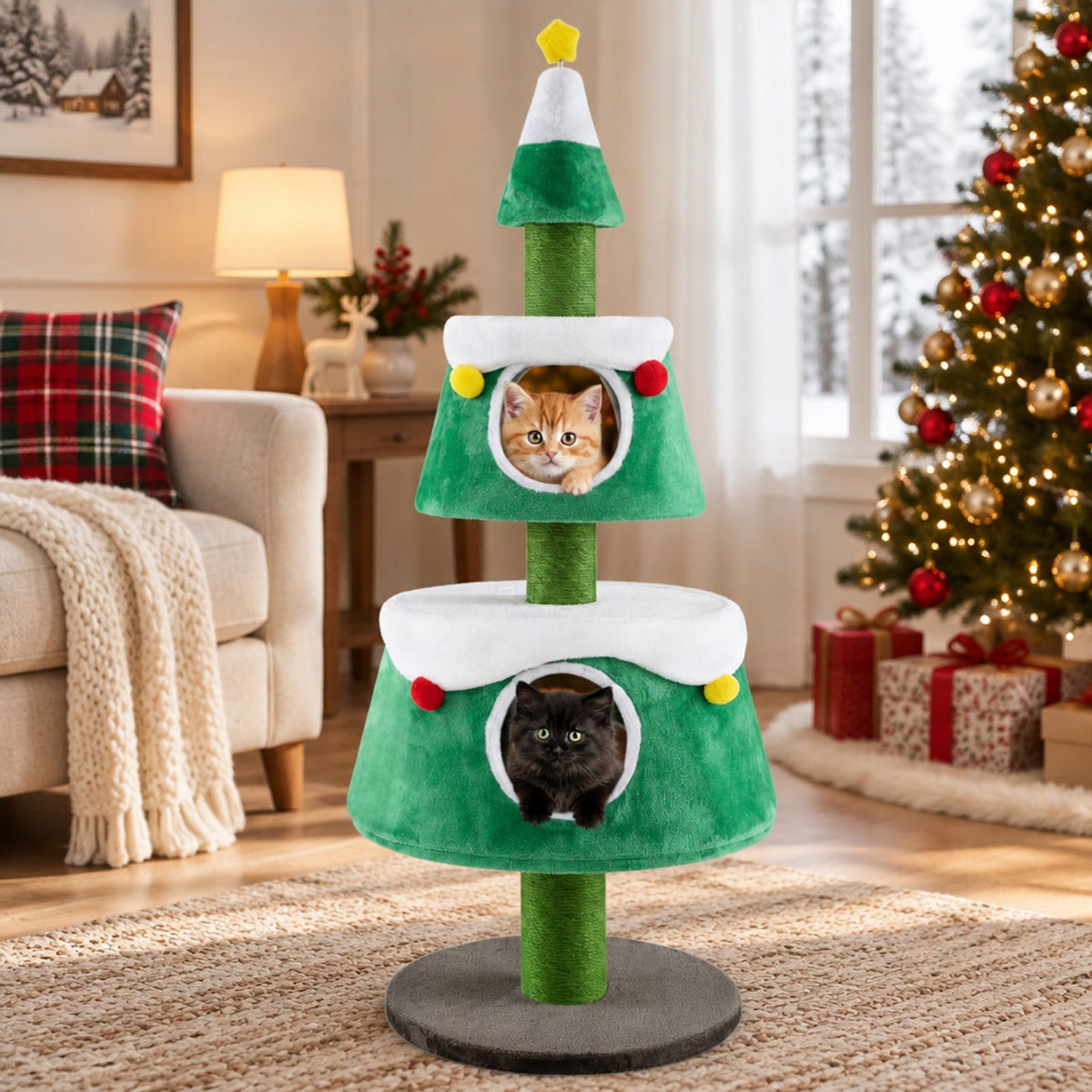 Airfind Christmas Cat Tree for Indoor Cats Cute Holiday Cat Tower with 2 Condos, 33 lbs Capacity, Green