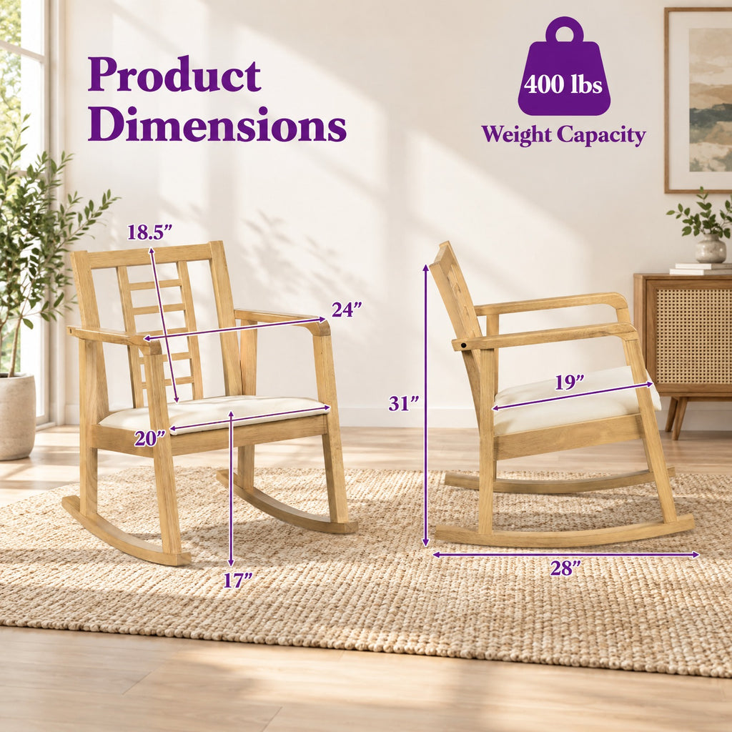 Airfind Wooden Rocking Chair with Upholstered Seat and Ladder Back for Living Room, 400 lbs Capacity, Rubber Wood Faux Leather/Fabric Sponge Frame