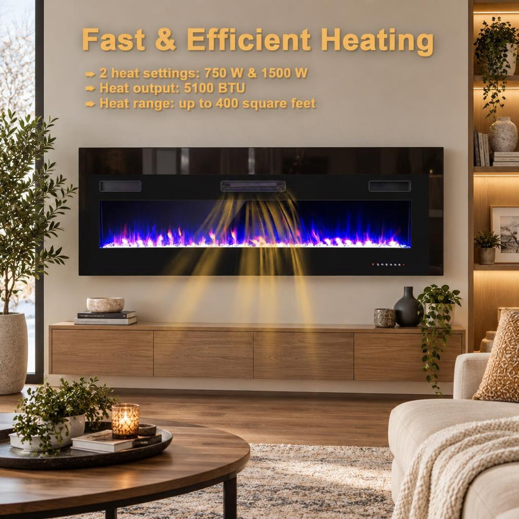 Airfind 68-Inch Electric Fireplace, Recessed or Wall Mounted, 12 Flame Colors, Remote, 1500W, for Living Room for Everyday Use, Black