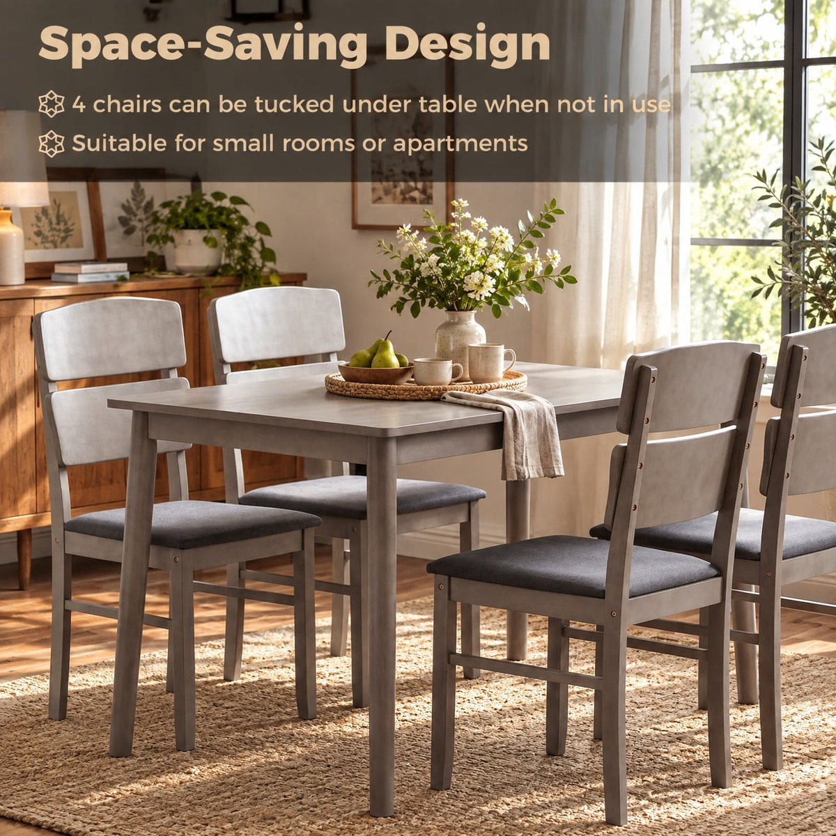 Airfind 5-Piece Dining Set featuring High Curved Backs for 4 People, 175 lbs Capacity, Rubber Wood MDF Plywood Polyester Fabric Sponge Frame, Gray
