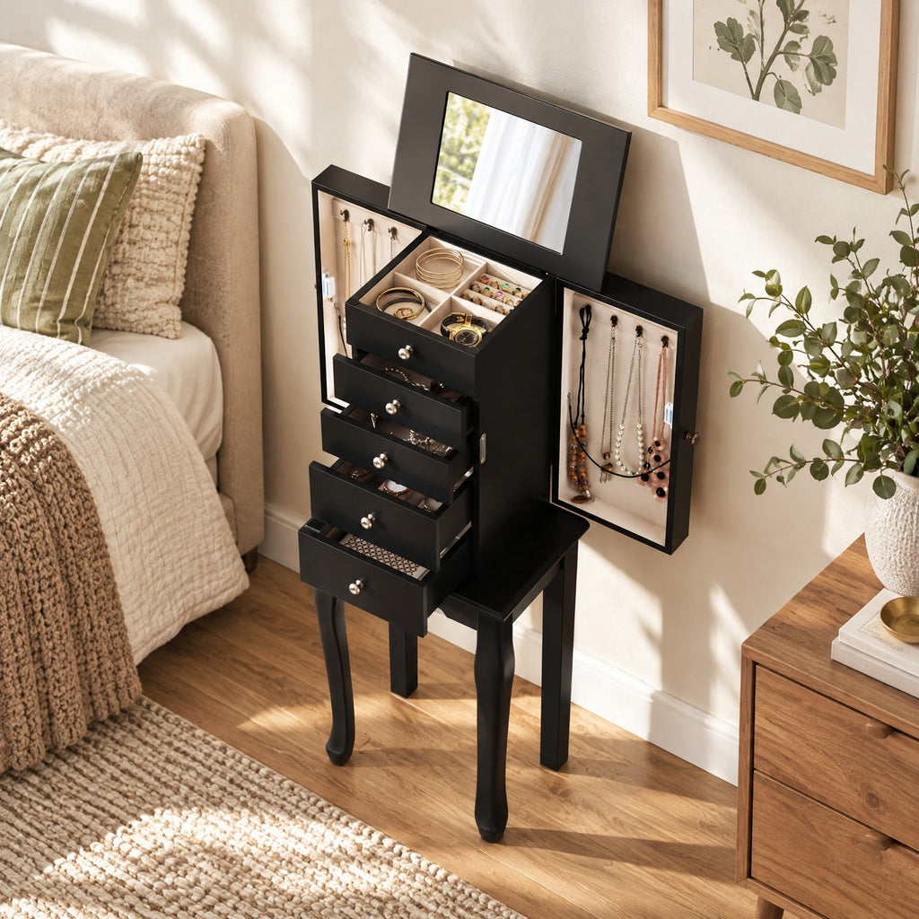 Airfind 2 Colors Armoire Storage Standing Jewelry Cabinet with Mirror, MDF Glass Frame, 12.5 x 8.5 x 34 Footprint, Black