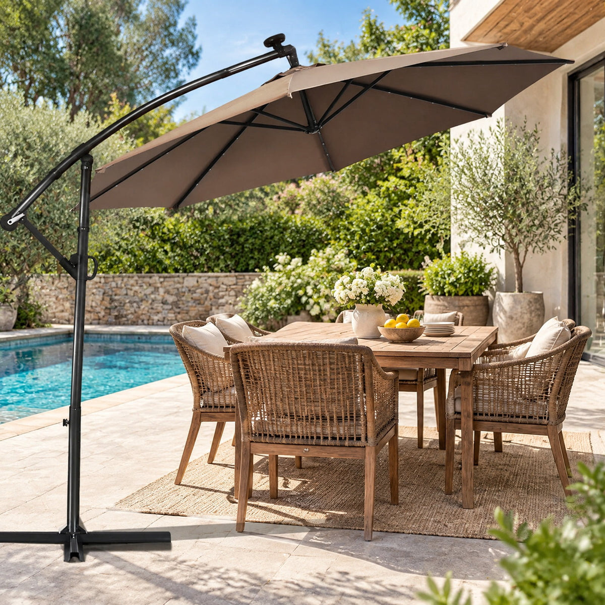 Airfind 10 ft 360° Rotation Solar Powered LED Patio Offset Umbrella without Weight Base, Steel aluminum polyester fabric Frame, 10 x 7.5 Footprint