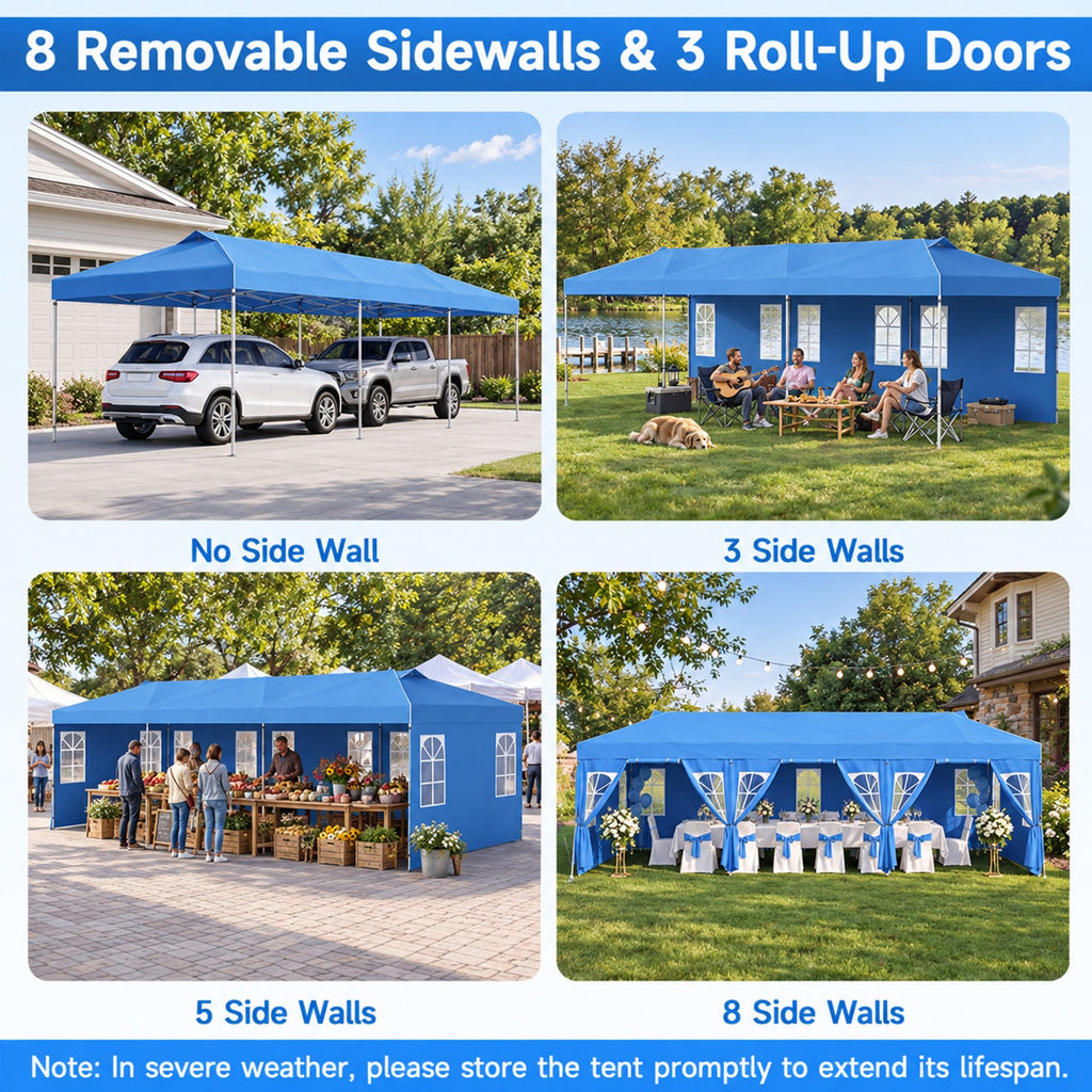 Airfind 10 x 30 FT Pop Up Canopy Tent with 8 Sidewalls and Adjustable Height, PE Metal Fabric Frame, 30 x 10 x 8.5/8.2/7.9 ft Footprint, Blue